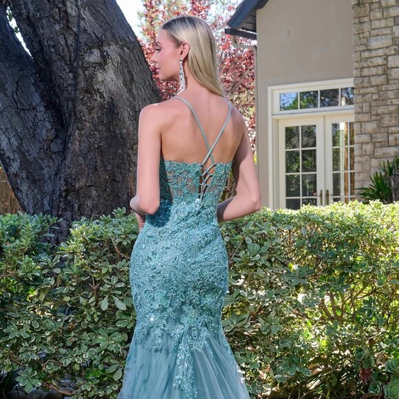 New Floral Lace Embellihsed Maxi Mermaid Tulle Dress w/ Lace Up Back GL3692 - Picture 13 of 14